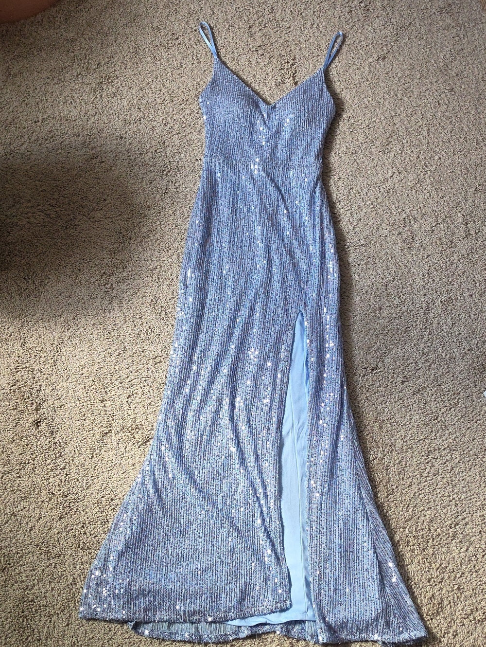 Light Blue Sequin Gown with Side Slit